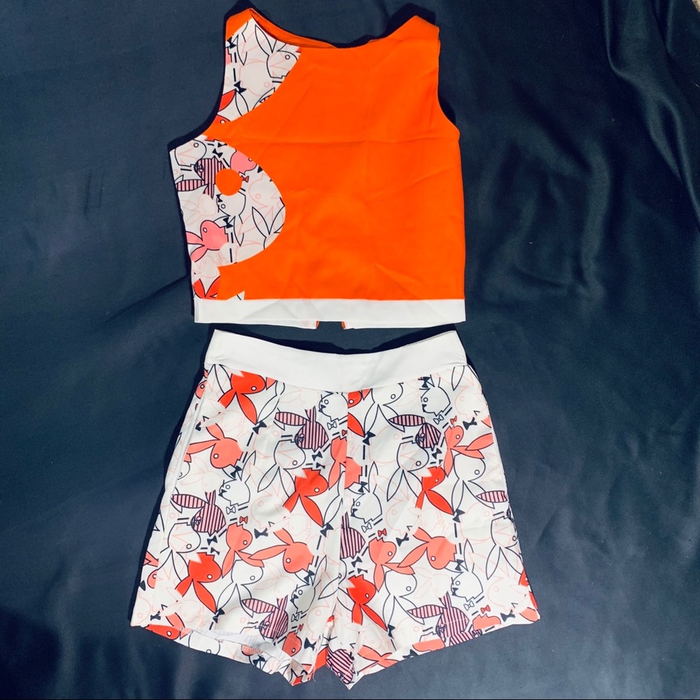 Orange and White Playboy Bunny Shirt & Shorts Set